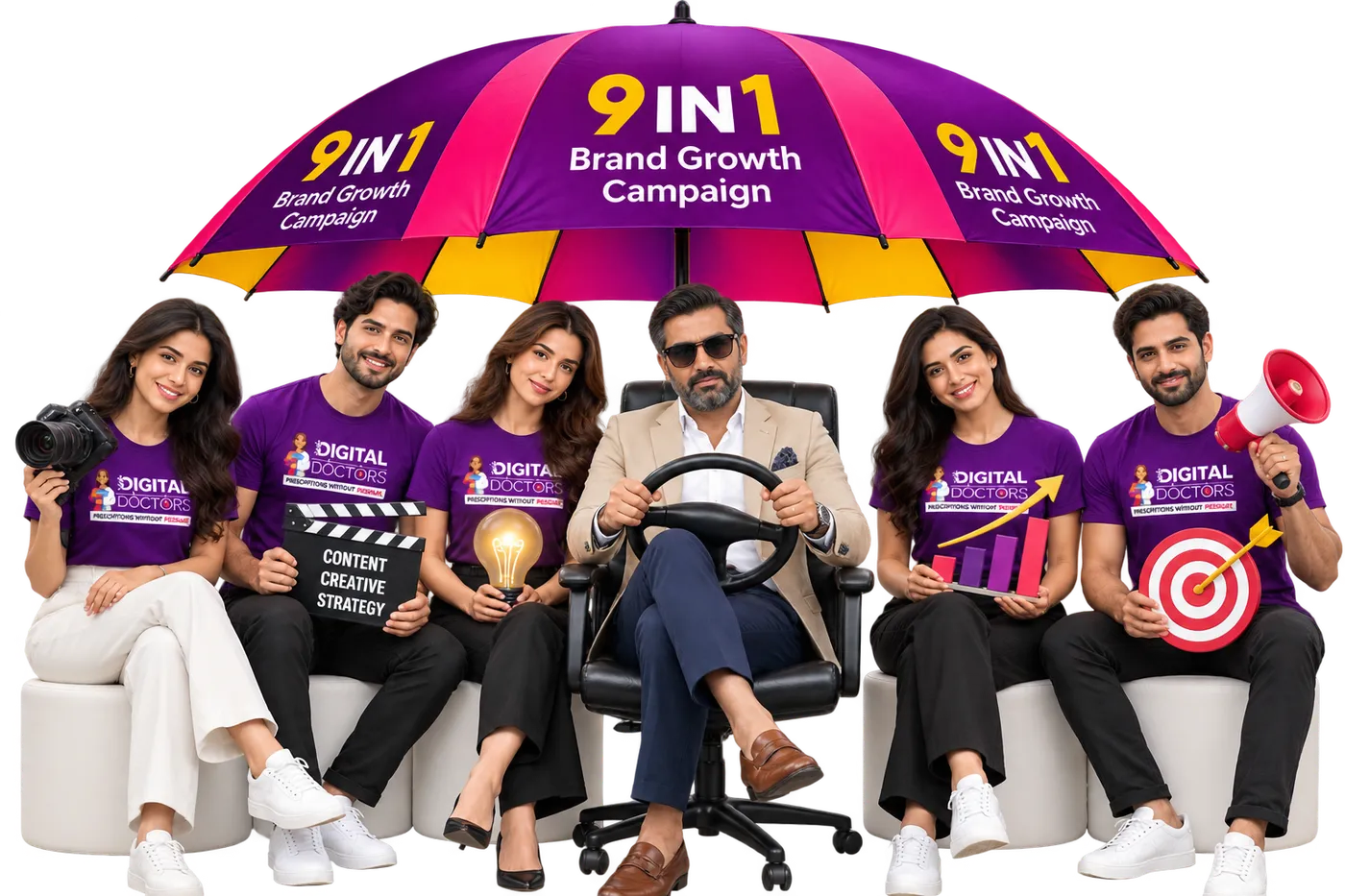 Brand leader seated at a steering wheel under the 9 IN 1 Brand Growth Campaign umbrella, surrounded by the dedicated team