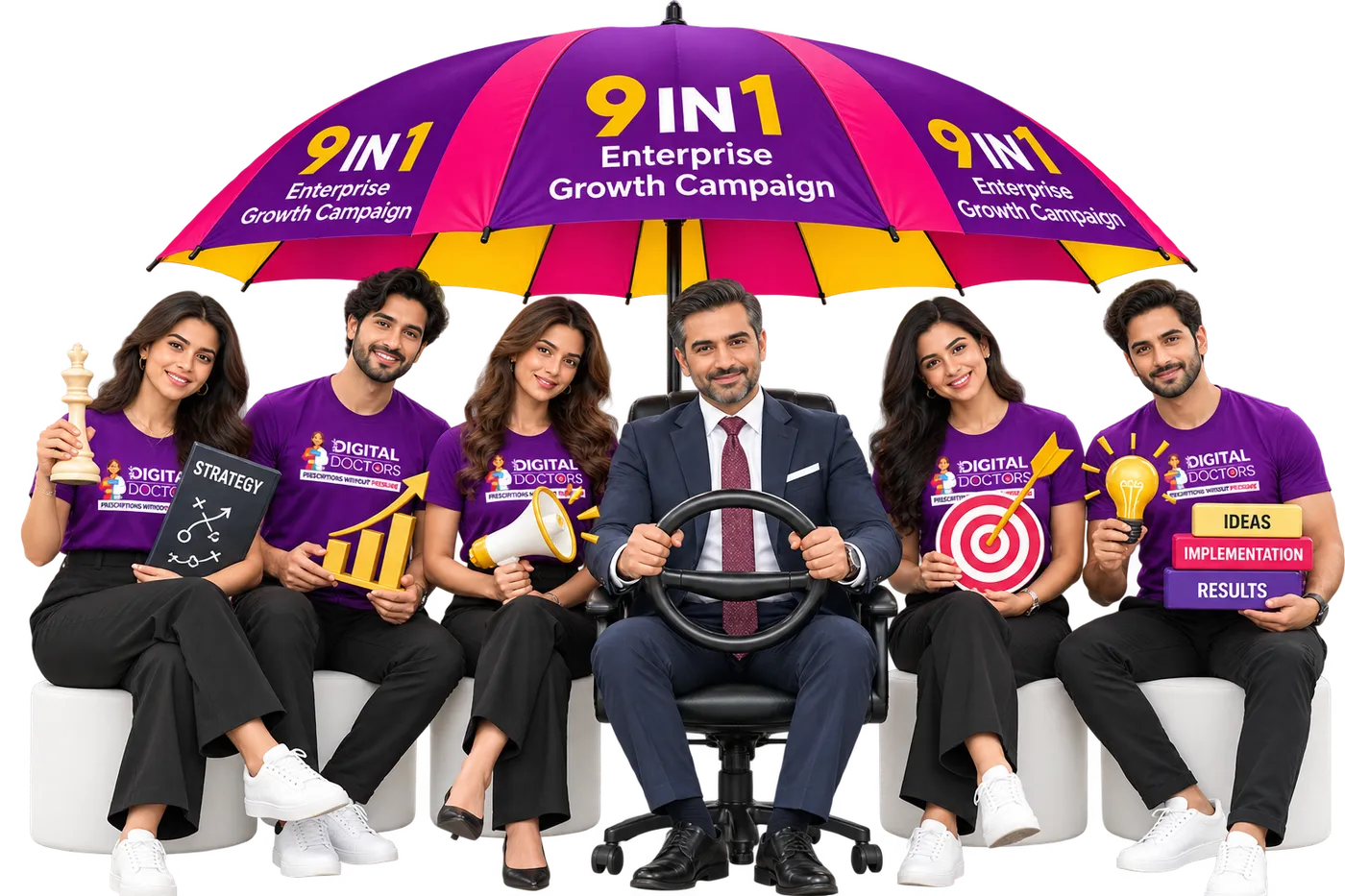 Enterprise leader seated at a steering wheel under the 9 IN 1 Enterprise Growth Campaign umbrella, surrounded by the dedicated team