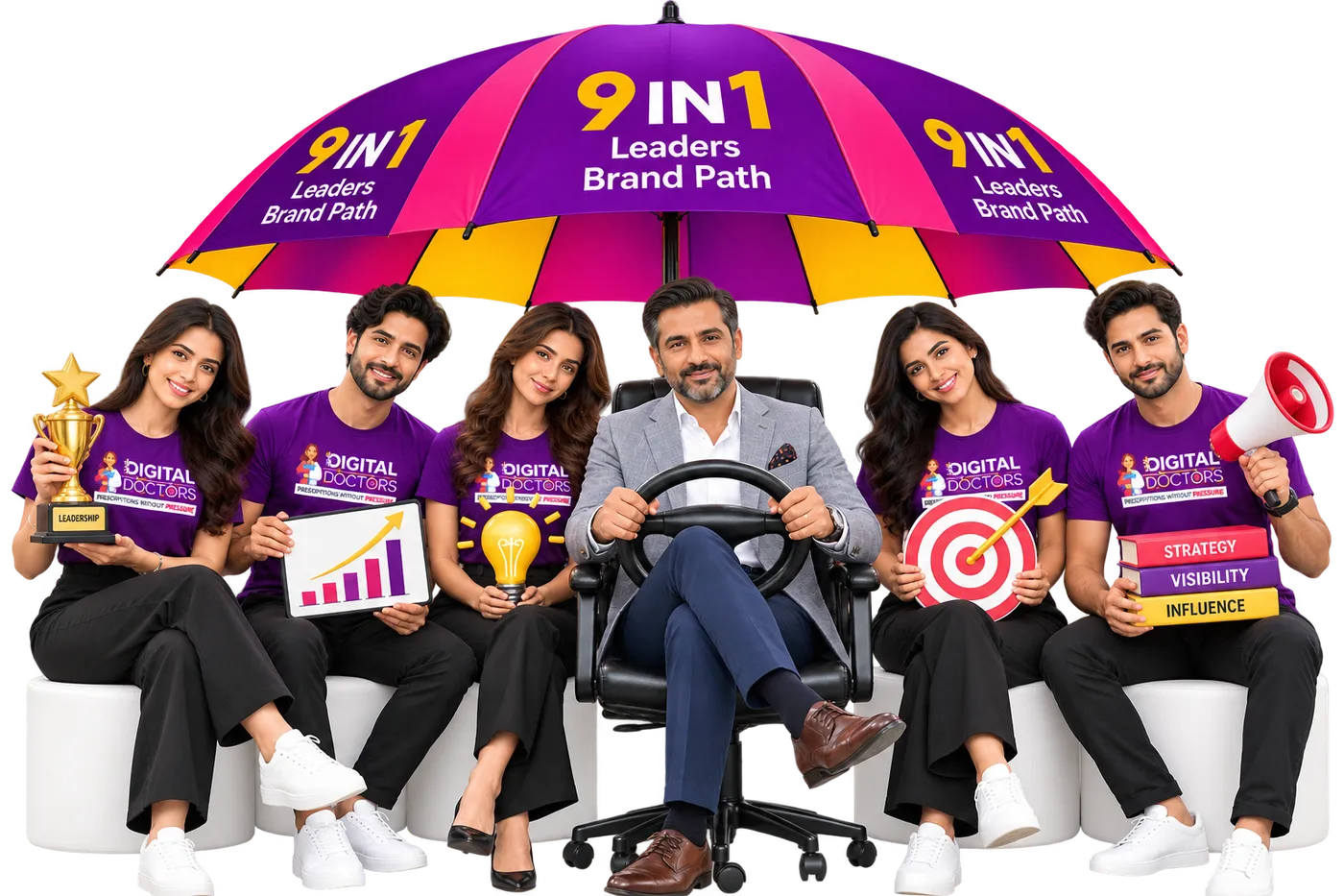 Leader seated at a steering wheel under the 9 IN 1 Leaders Brand Path umbrella, surrounded by the dedicated team
