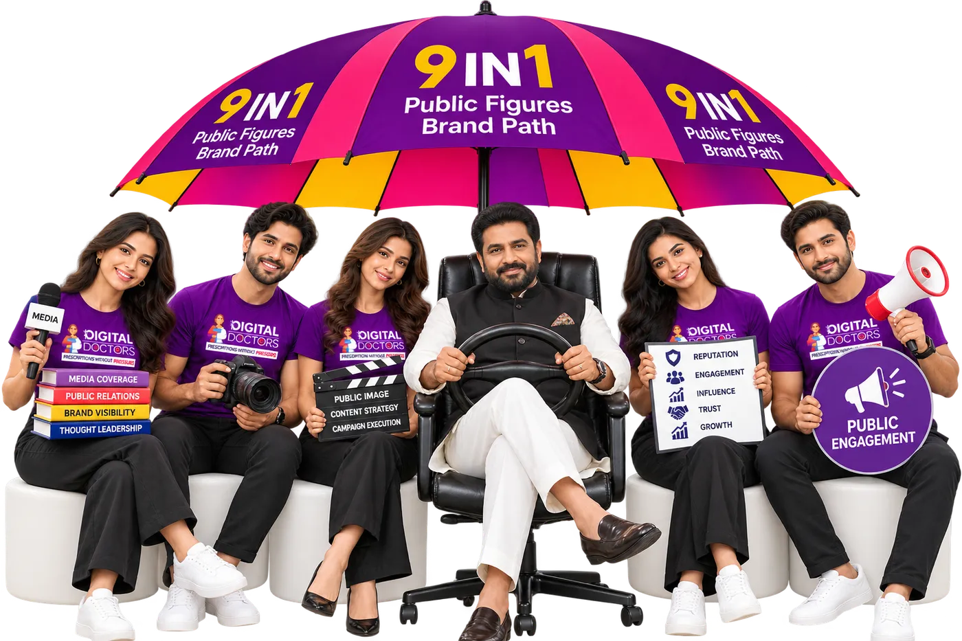 Public figure seated at a steering wheel under the 9 IN 1 Public Figures Brand Path umbrella, surrounded by the dedicated team